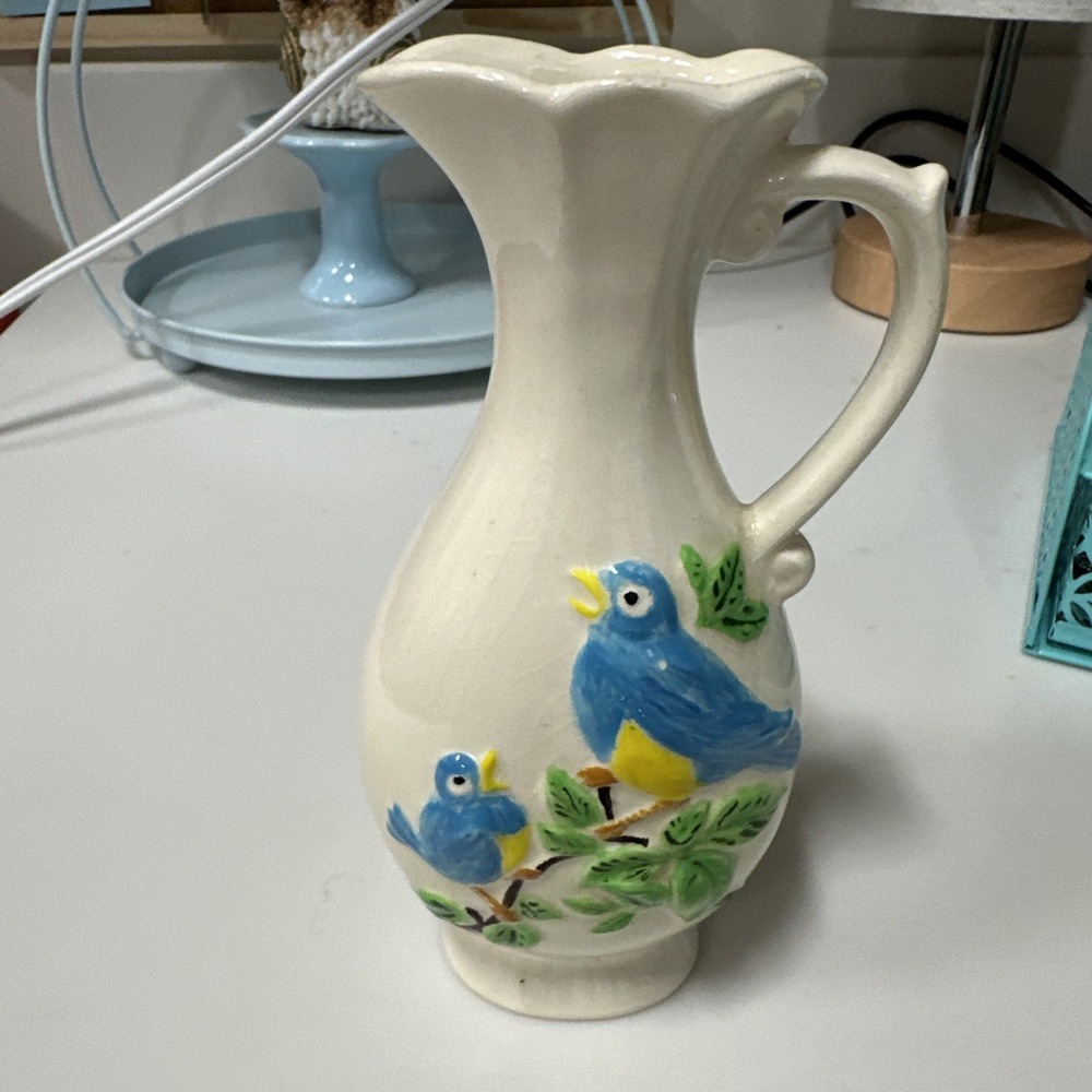 Vintage 1977 CREAMER HOLDER Bud Vase Blue Bird Spring Summer Ceramic Handpainted